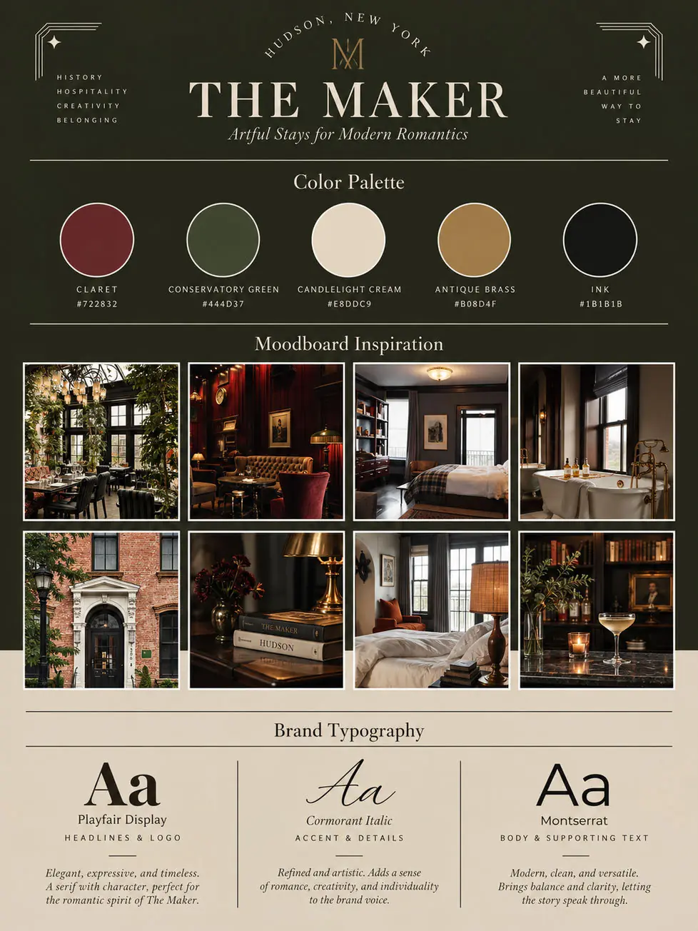 The Maker hospitality campaign board in green, claret and brass