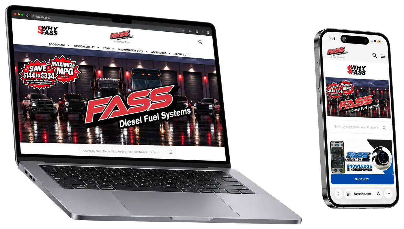 FASS Diesel Fuel Systems website shown on a laptop and phone
