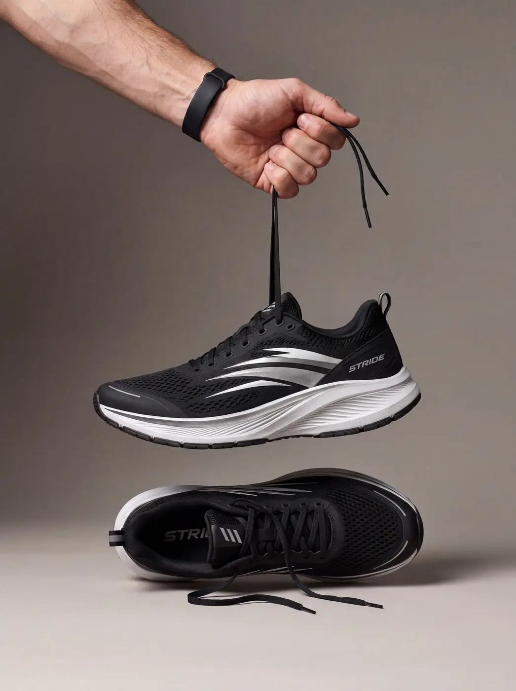 AI-directed STRIDE campaign image of a black running shoe held by its laces