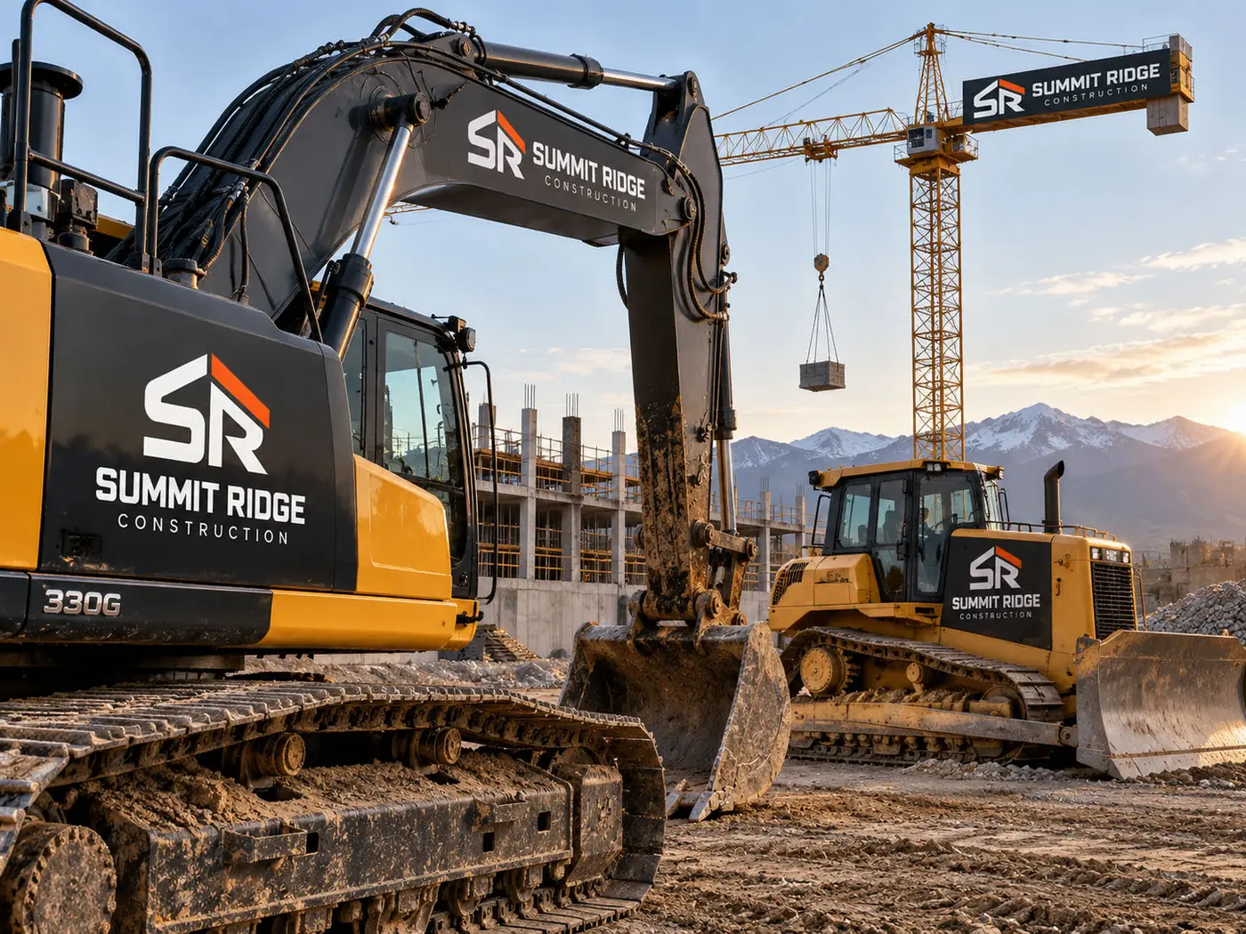 Summit Ridge Construction logo applied to an excavator on a job site