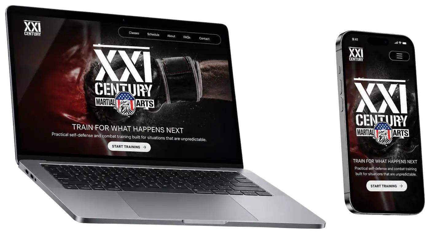 XXI Century Martial Arts website on a laptop and phone